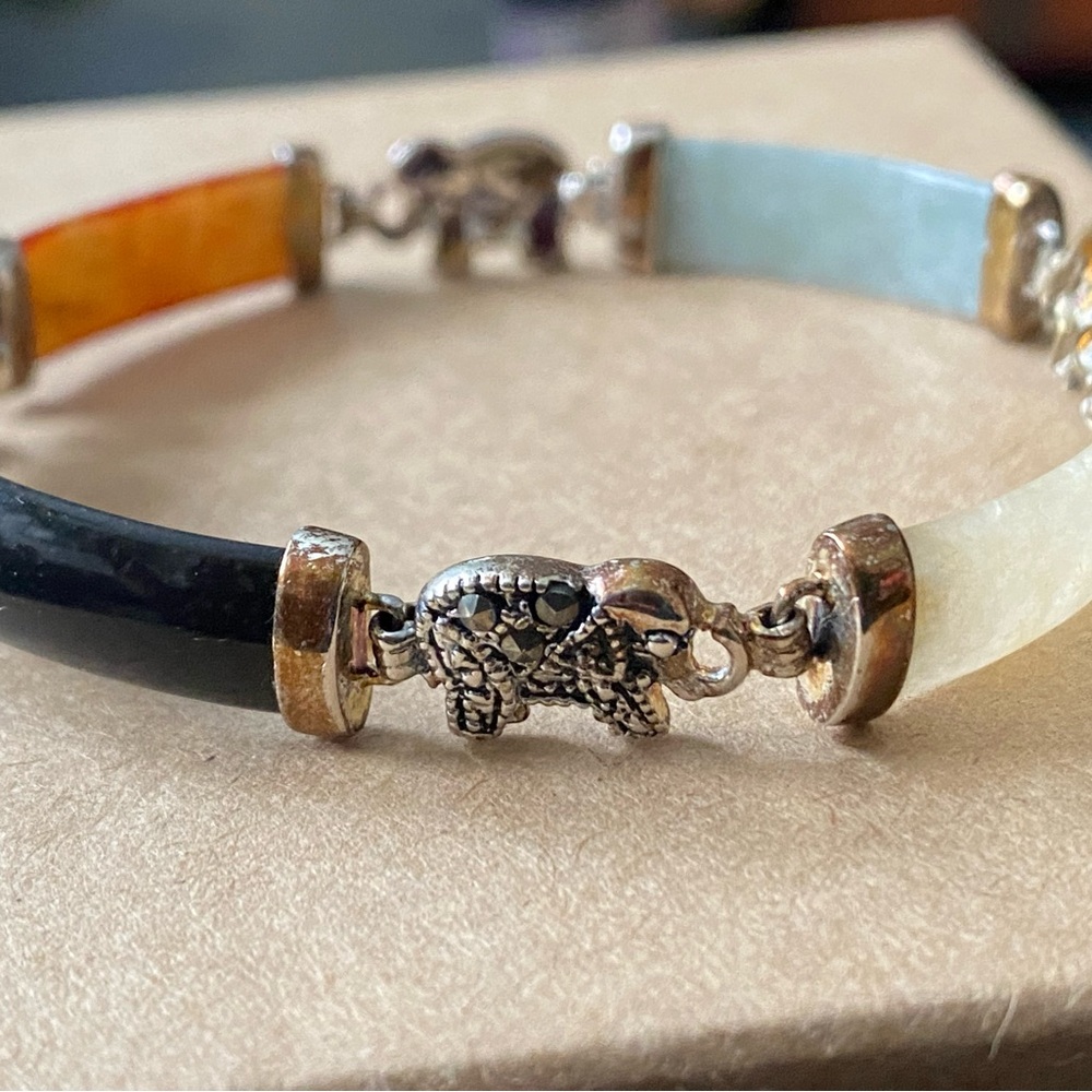 925 Silver Elephant and Stone Link Bracelet Marked HAN China 7”